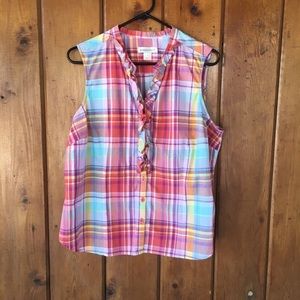 Christopher & Banks Plaid sleeveless button down ruffle detailed top